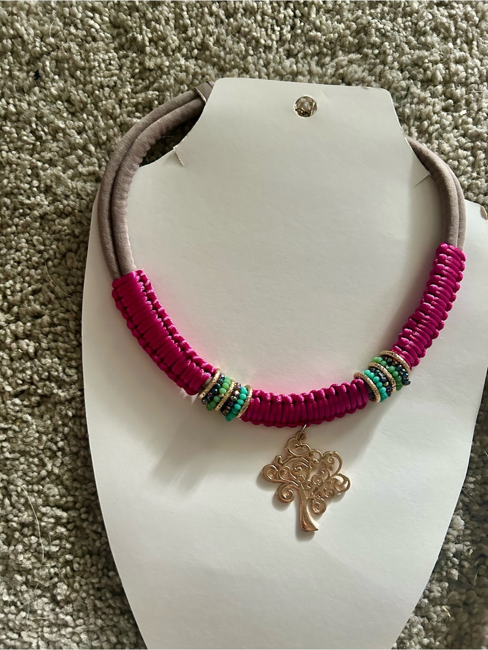 Handcrafted Pink Statement Necklace with Tree Pendant